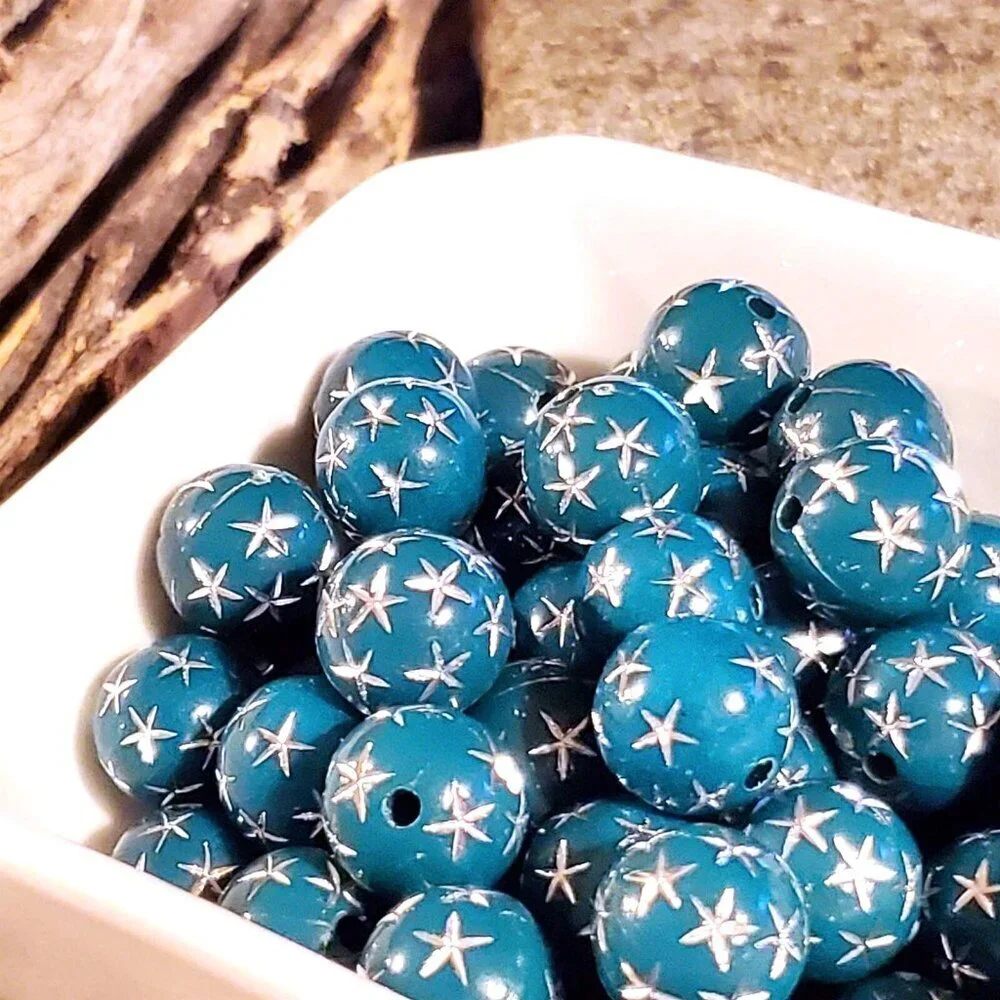 Vintage Retro Teal Green Silver Stars 12mm Round Acrylic Shabby Beads 10 pcs